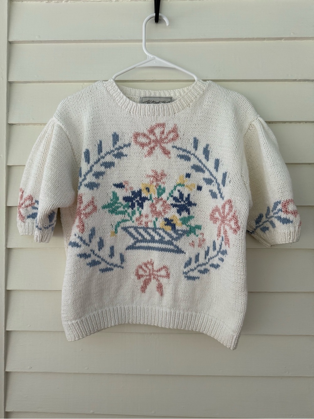Vintage Cottagecore Floral Knit Sweater Puff Sleeve Cotton Pullover Medium